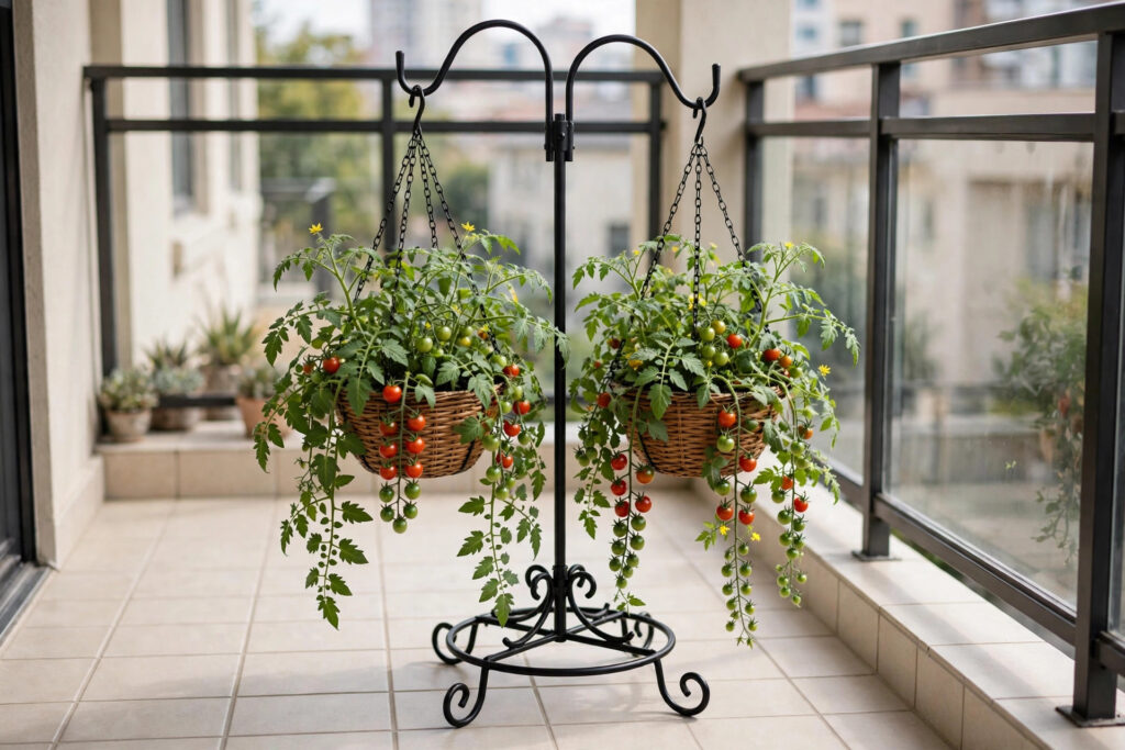 Black metal freestanding stand holding two wicker hanging baskets of trailing cherry tomato plants with red and green fruit