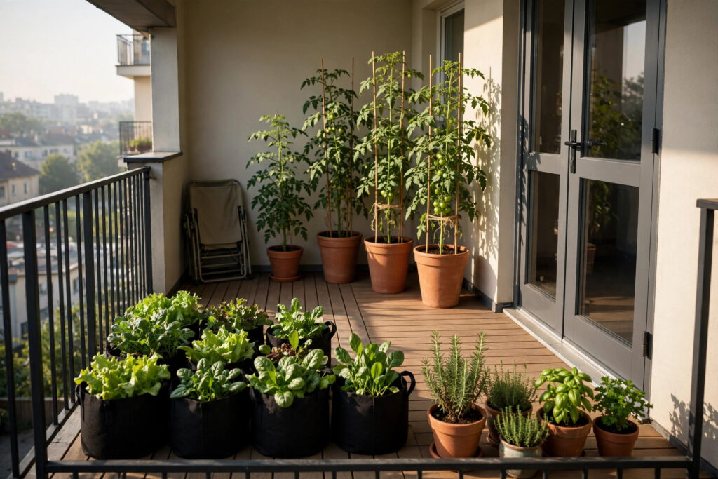 Sunny balcony corner arranged like a small allotment, tall tomato pots at the back, grow bags of greens and herb pots at the front, folded chair in the shade