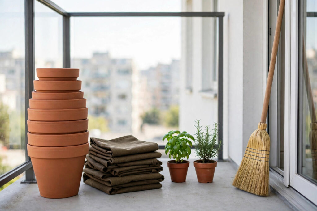 Stack of nested empty terracotta pots beside folded grow bags and two small herb pots on a clean empty balcony, with a broom leaning by the door