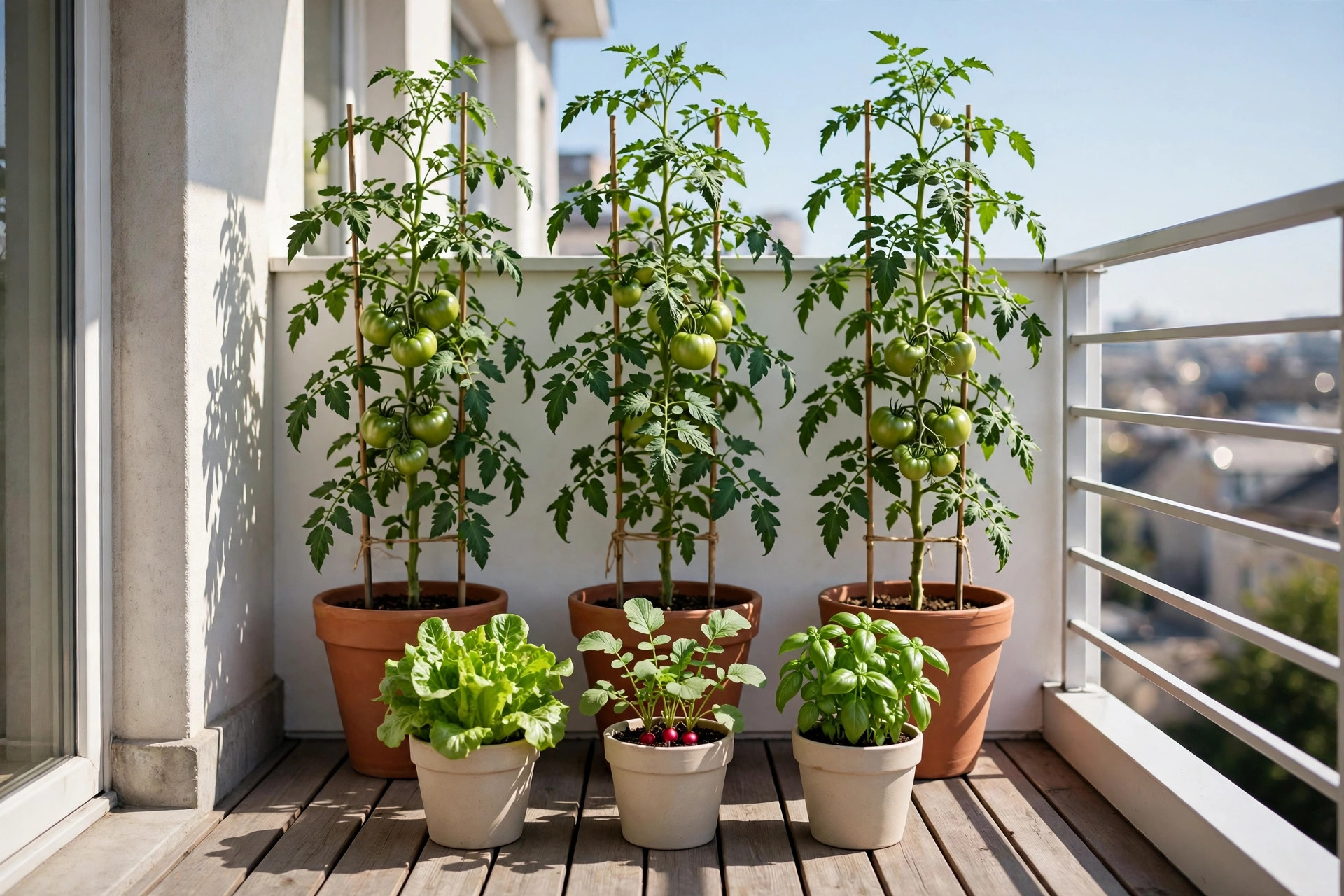 Three tall tomato plants in large terracotta pots at the back of a balcony, with lettuce, radish and basil pots in front in full sun
