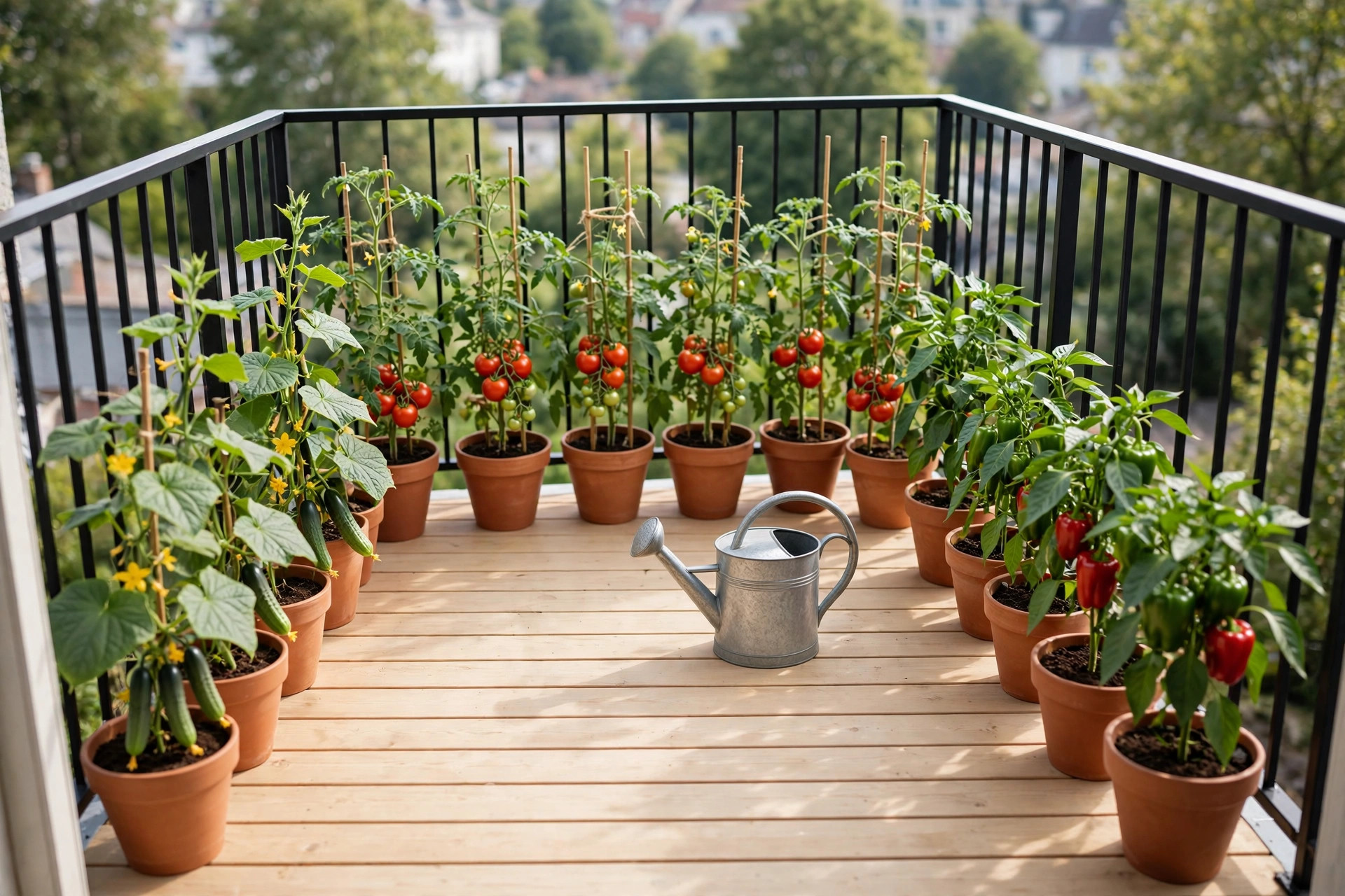 Vegetable pots in a U shape around the edges of a wooden balcony deck, tomatoes at the back, cucumbers and peppers at the sides, and a watering can in the open middle