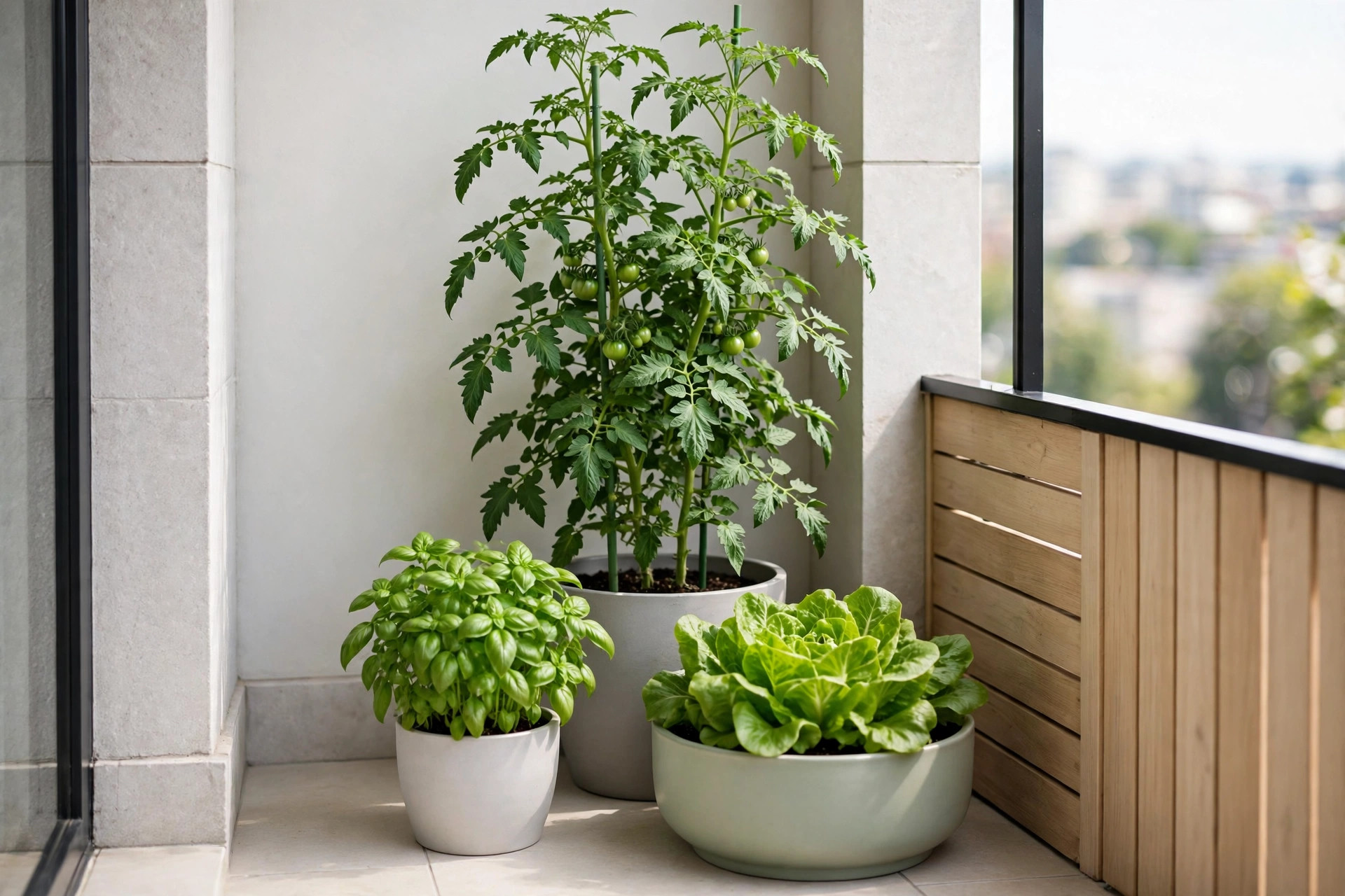 A balcony corner with a tall tomato plant in a large grey pot behind a basil pot and a wide shallow lettuce pot in front