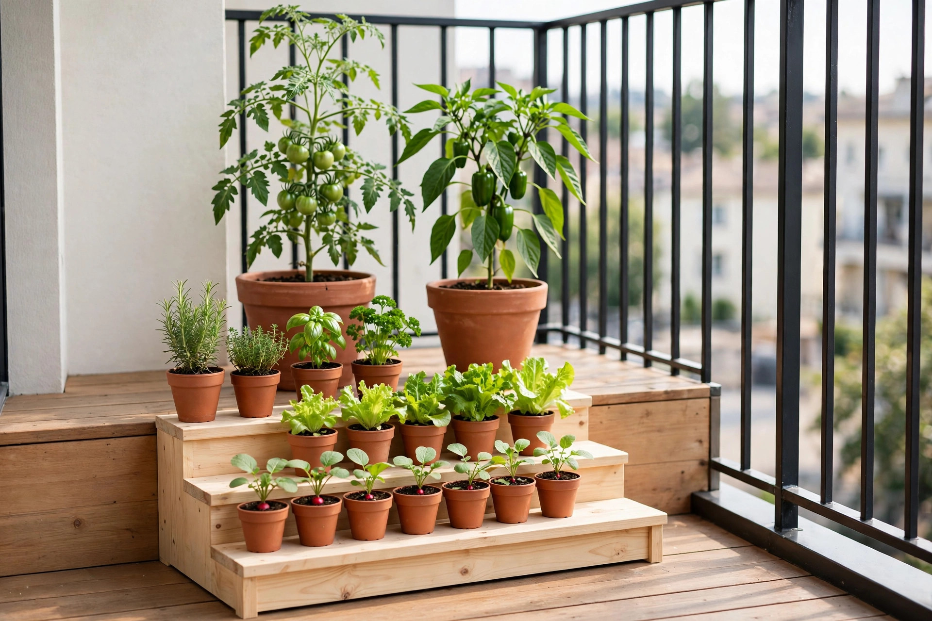 A wooden stepped shelf on a balcony holding small pots of radishes, lettuce and herbs, with large tomato and pepper pots on the floor behind