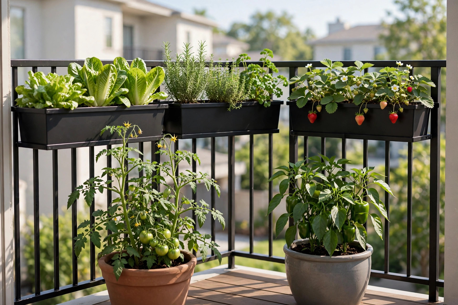 Black railing planters with lettuce, herbs and strawberries above large floor pots of tomato and pepper plants on a balcony