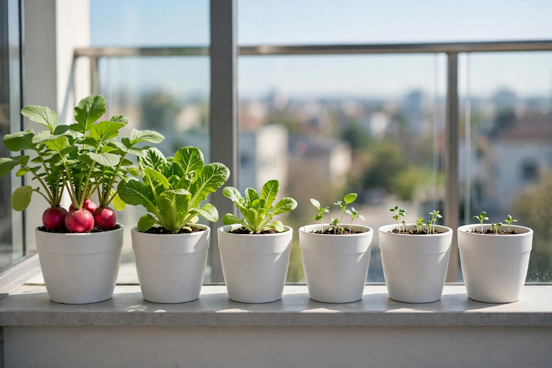 Six white pots in a row on a sunny ledge showing succession stages, from mature radishes and lettuce down to just-sprouted seedlings