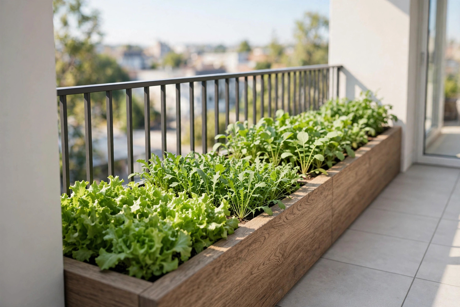 A long wooden trough planter along a balcony rail filled with rows of lettuce, rocket and radish greens