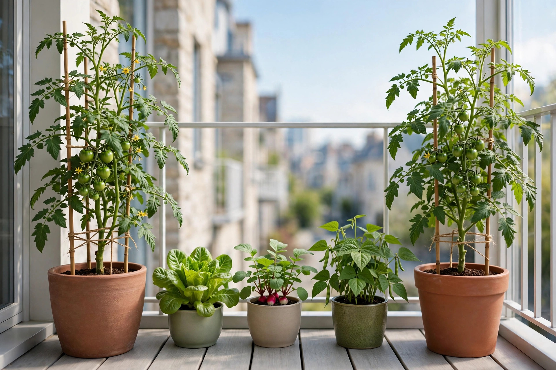 Two staked tomato plants in large terracotta pots at each end of a balcony, with lettuce, radish and bean pots in the middle