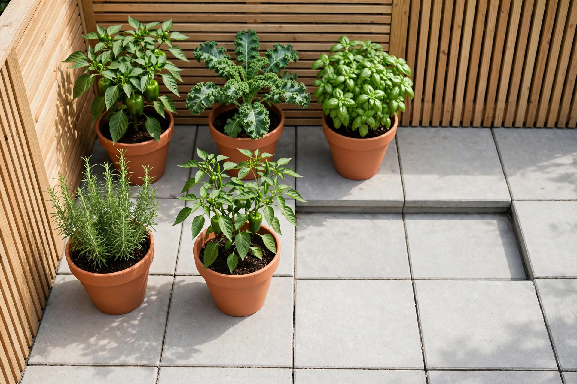 Terracotta pots of peppers, kale, basil and rosemary set in a grid on a tiled patio with empty tile spaces left between them