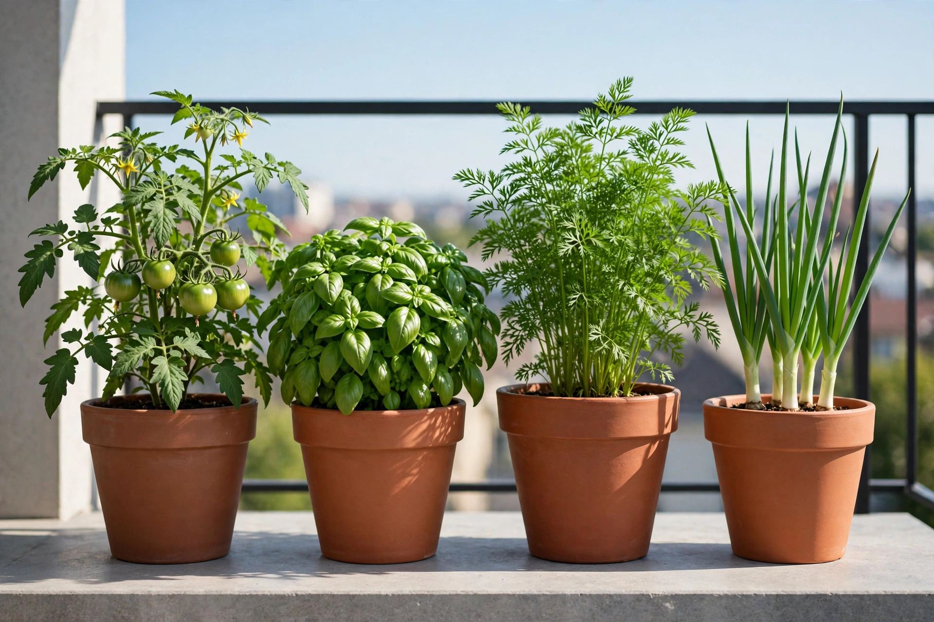 Four terracotta pots in pairs on a balcony ledge: tomato beside basil, and carrot tops beside spring onions