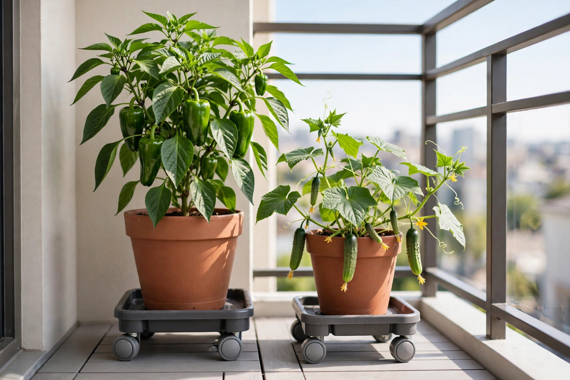 A pepper pot and a cucumber pot in terracotta pots sitting on grey wheeled plant caddies on a balcony