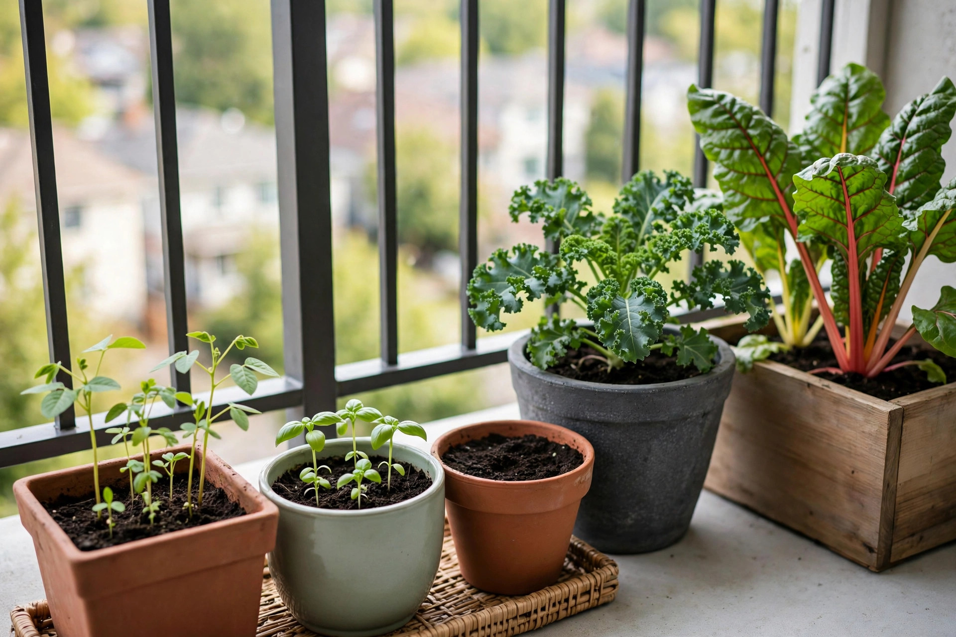 Young bean and basil seedlings in front pots beside a pot of fresh soil, with established kale and chard plants behind on a balcony
