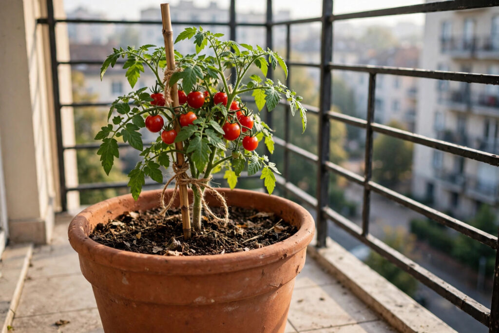 Compact tomato plant with ripe red cherry tomatoes in a large terracotta pot on a balcony, tied to a short bamboo stake