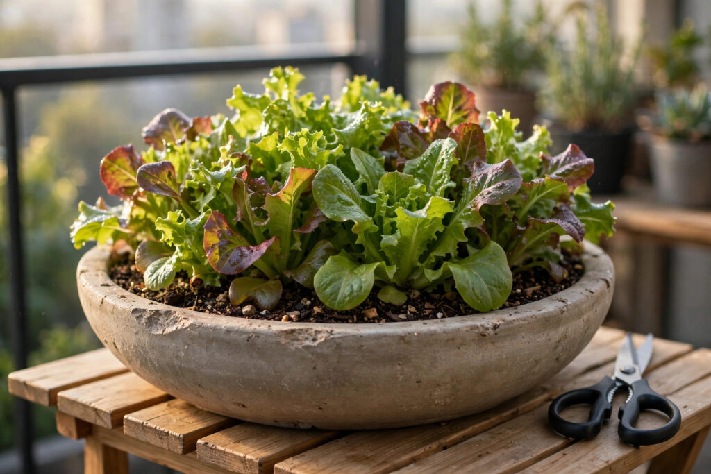 Wide shallow stone bowl filled with green and red-tinged loose-leaf lettuce on a wooden balcony stand, with scissors beside it