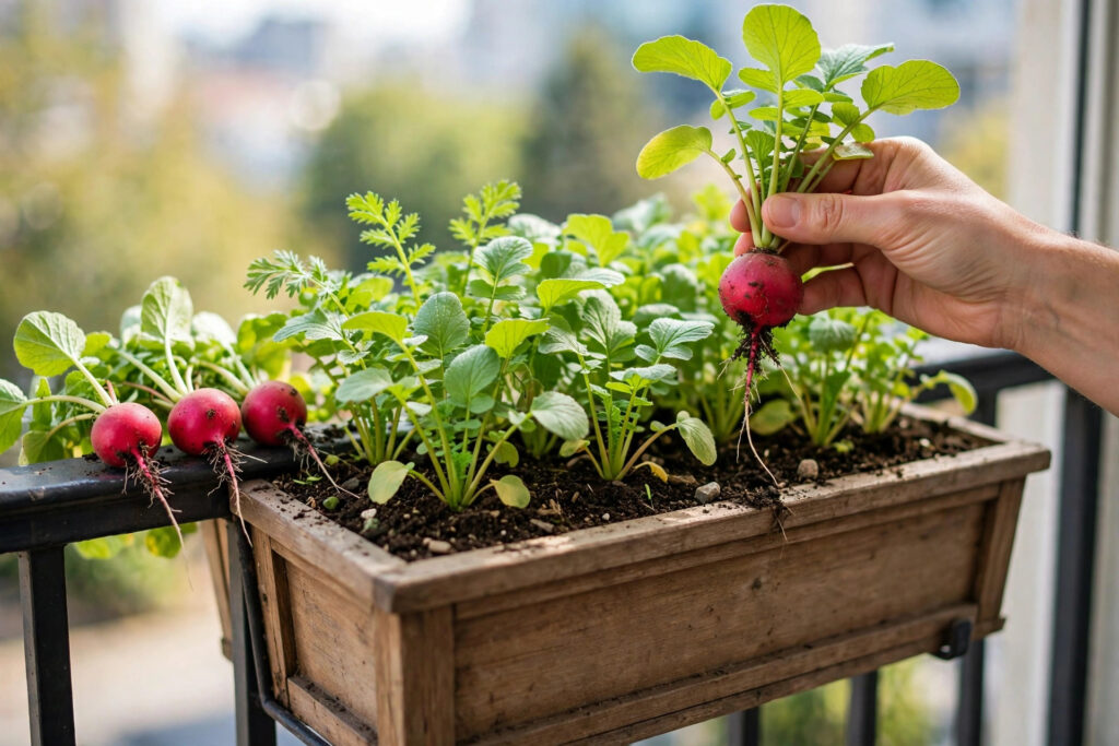 Hand holding a freshly pulled red radish over a wooden window box of radish plants mounted on a balcony rail