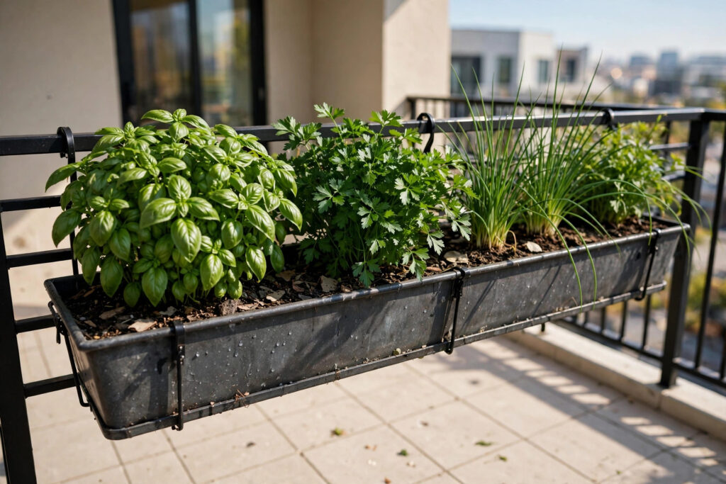 Long railing planter box hanging inside a balcony rail, planted with basil, parsley and chives