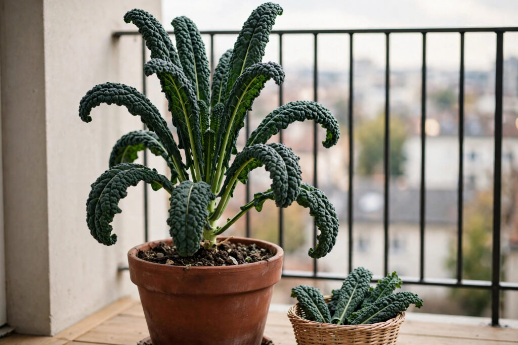 Lacinato kale plant in a deep terracotta pot on a balcony, with a small basket of picked kale leaves beside it
