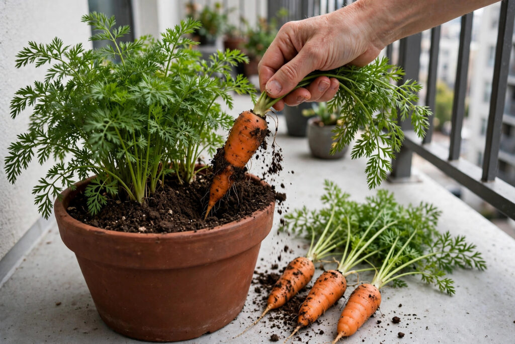 Hand pulling an orange carrot from a deep terracotta pot of feathery carrot tops, with three pulled carrots beside the pot