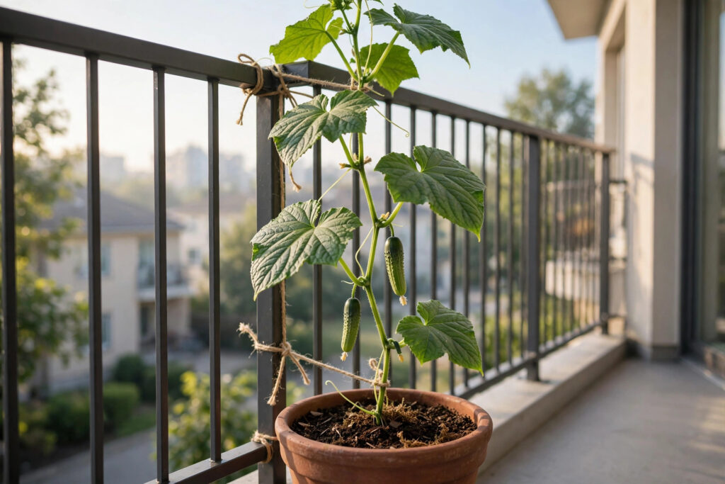 Young cucumber vine tied to a balcony railing with twine, two small cucumbers hanging, growing from a terracotta pot at the base of the rail