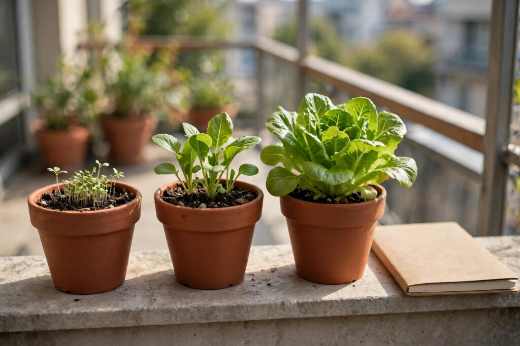 Three terracotta pots of salad greens at seedling, half-grown and ready-to-pick stages in a row on a balcony ledge, with a closed plain notebook beside them