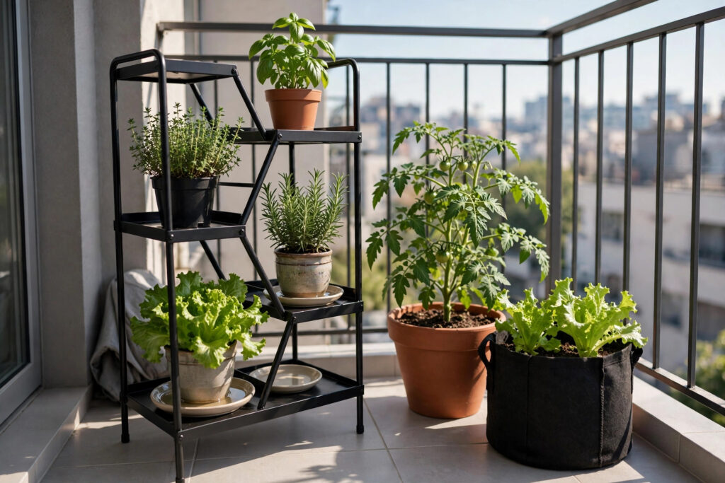 Black metal tiered plant stand holding herb and lettuce pots on a balcony, with a tomato pot and a fabric grow bag of lettuce on the floor beside it