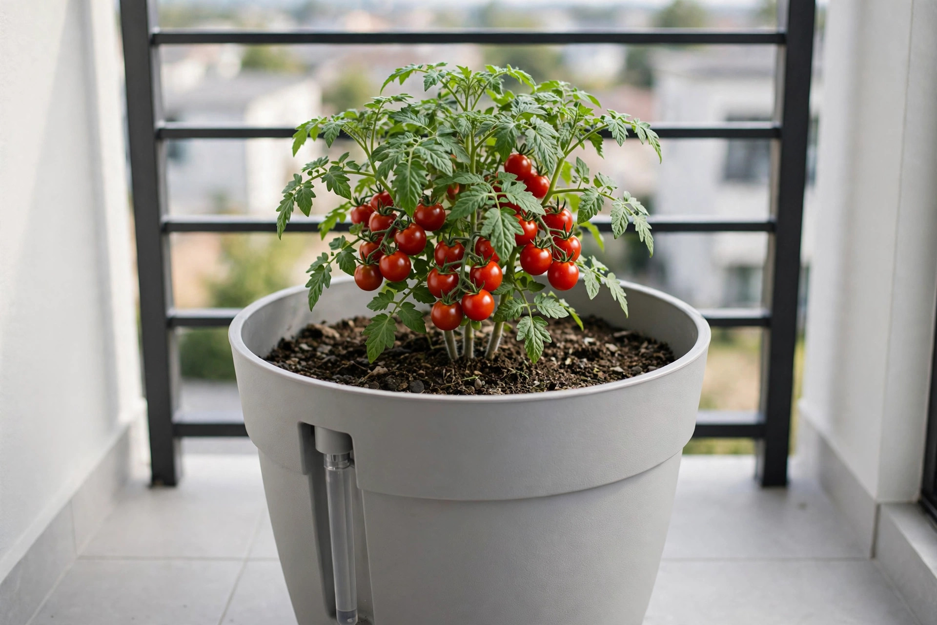 A compact cherry tomato plant covered in ripe red tomatoes in a large light grey self-watering pot on a tiled balcony