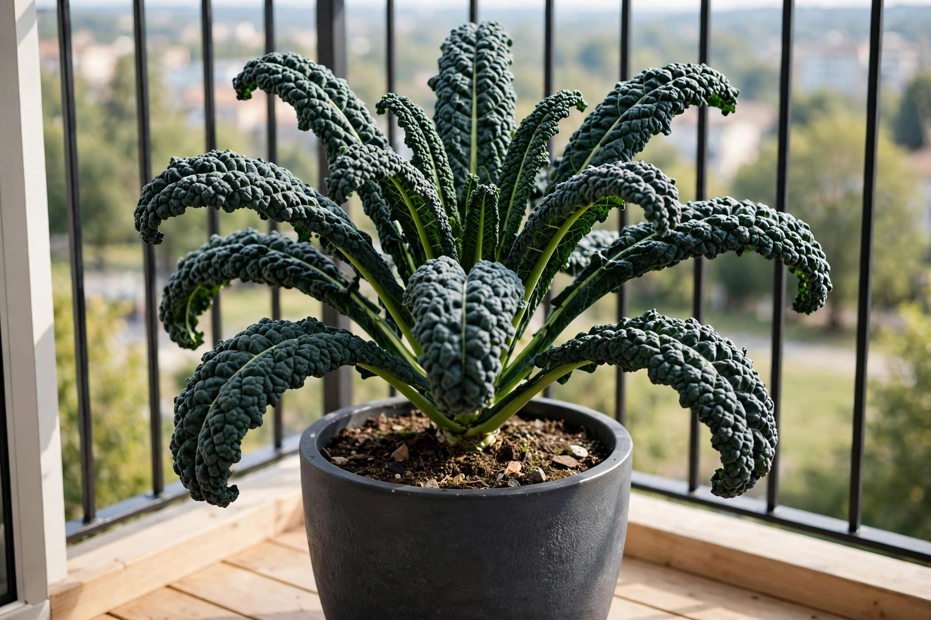 A single large Lacinato kale plant with dark crinkled leaves in a deep black pot on a wooden balcony deck