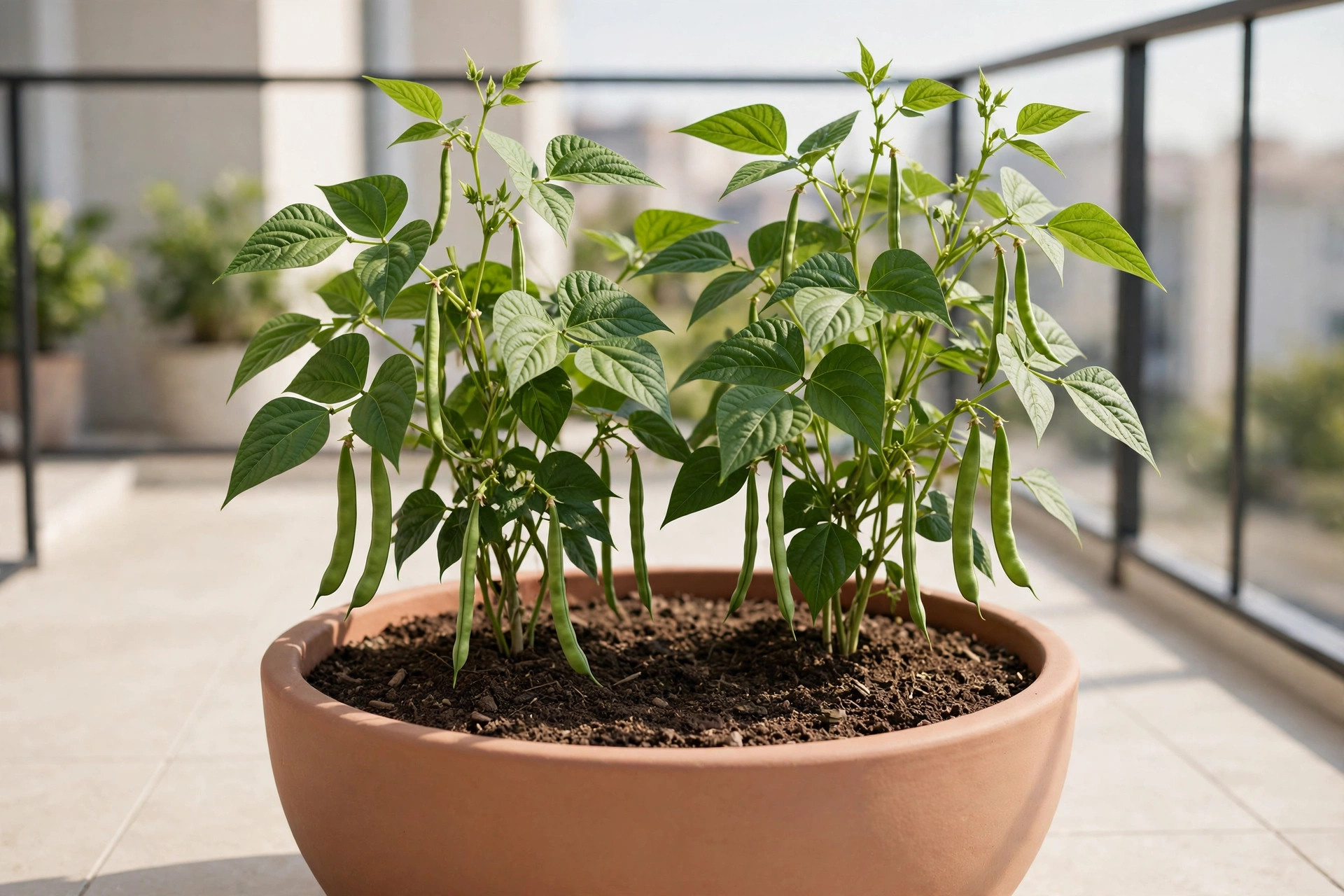 Bush bean plants with hanging green pods in a wide terracotta pot on a sunny tiled balcony