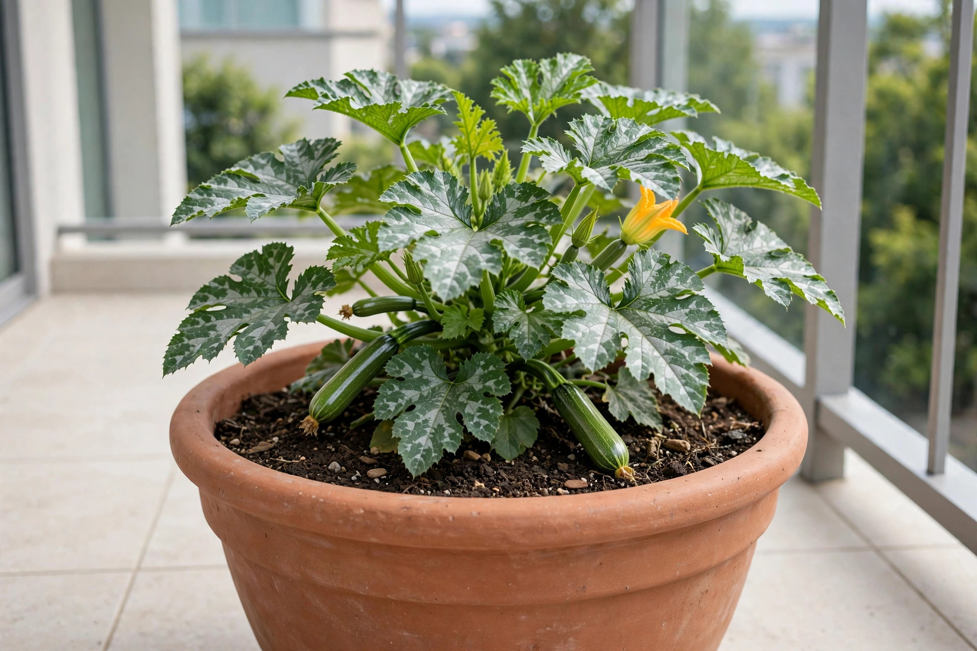 A compact zucchini plant with two small green zucchini and a yellow flower in a very large terracotta pot on a balcony