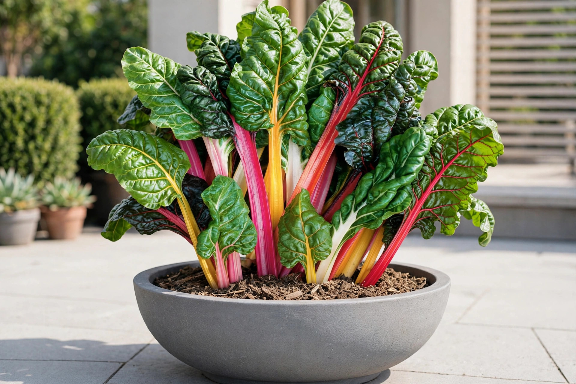 A Swiss chard plant with glossy green leaves and red, gold and pink stems in a wide grey bowl pot on a patio