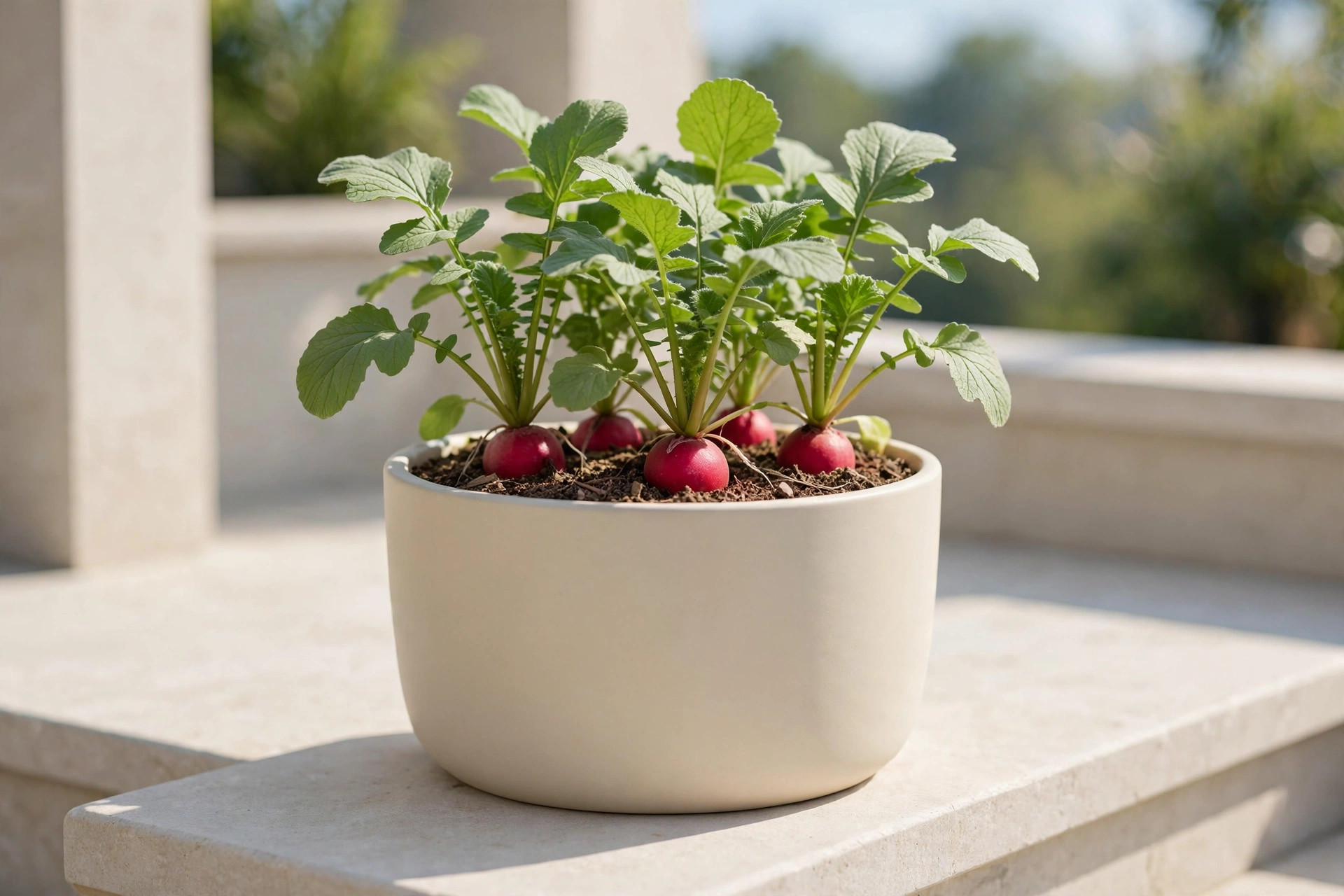 Radish plants with red round roots showing at the soil line in a white pot on a sunny stone step