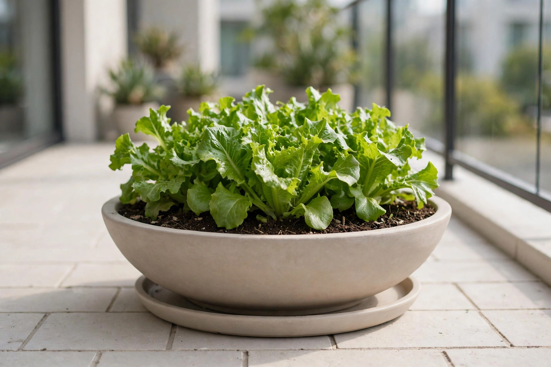 A wide shallow bowl planter full of green loose-leaf lettuce on a saucer on a tiled balcony