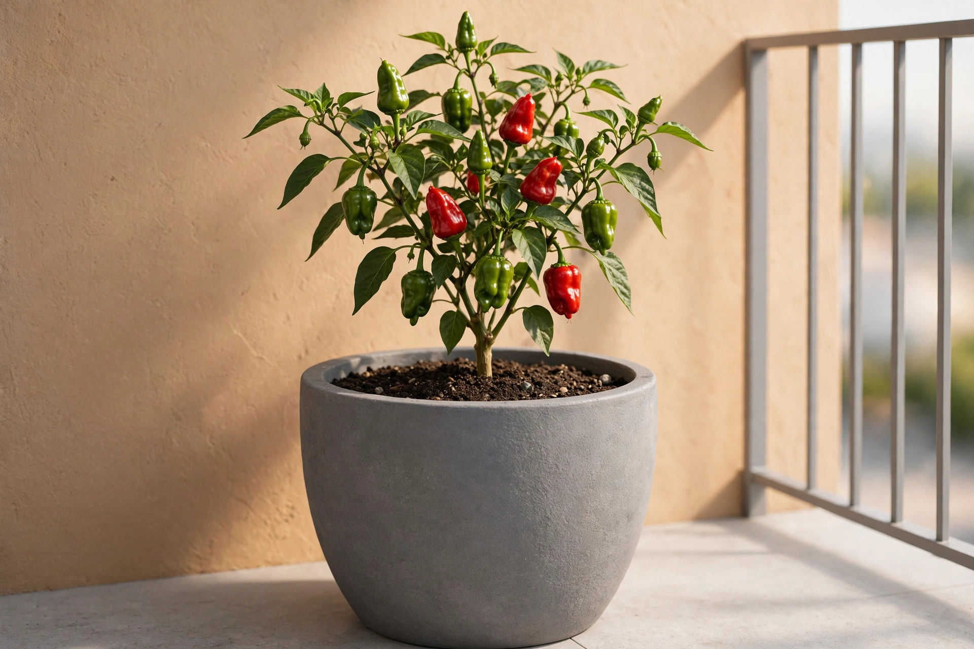 A compact pepper plant with red and green peppers in a large grey pot against a warm sunlit wall