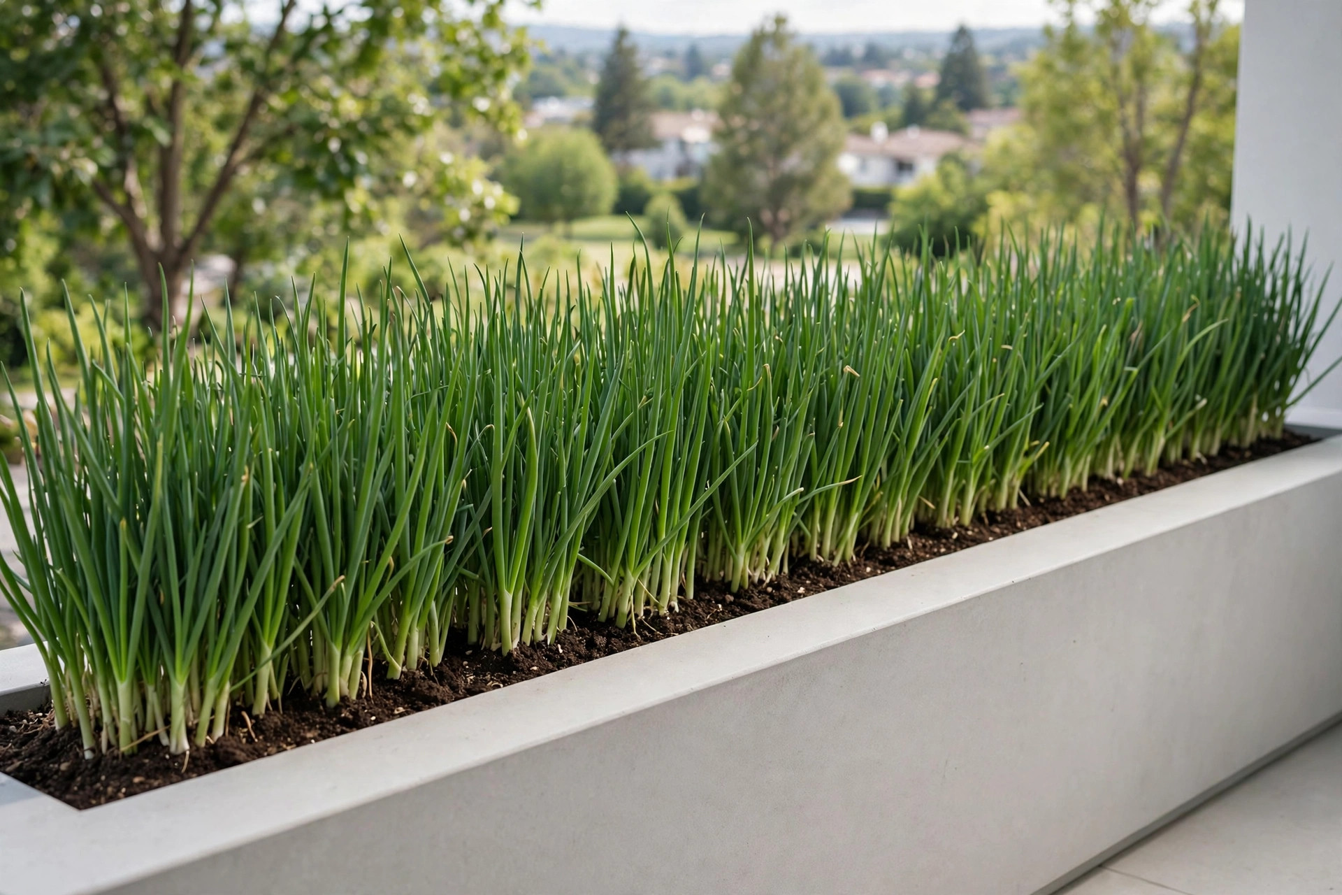 A dense row of green scallions growing in a long slim white trough on a balcony