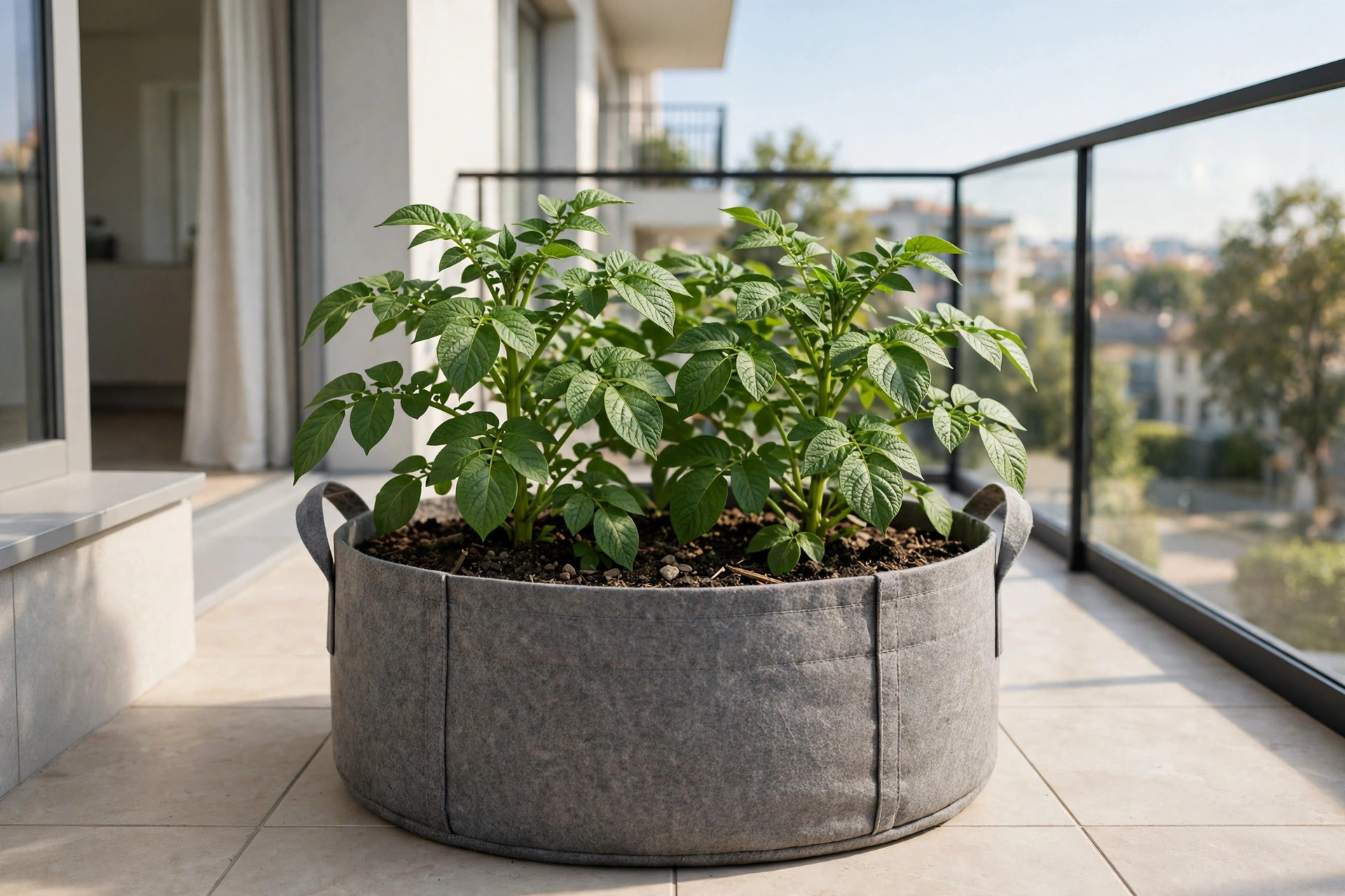 Healthy green potato plants growing in a large grey fabric grow bag on a tiled balcony