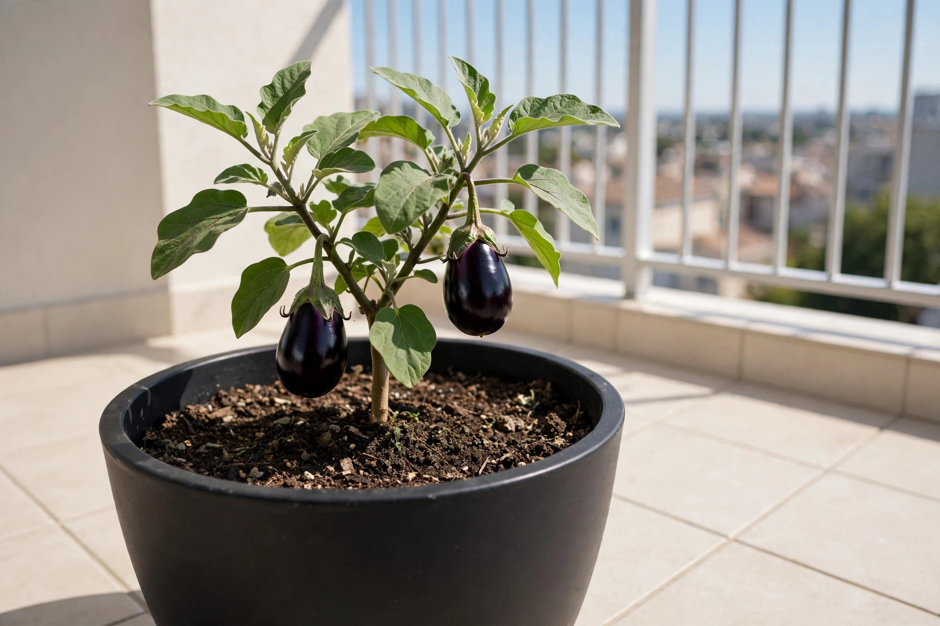A compact eggplant plant with two glossy dark purple eggplants in a large black pot on a sunny tiled balcony