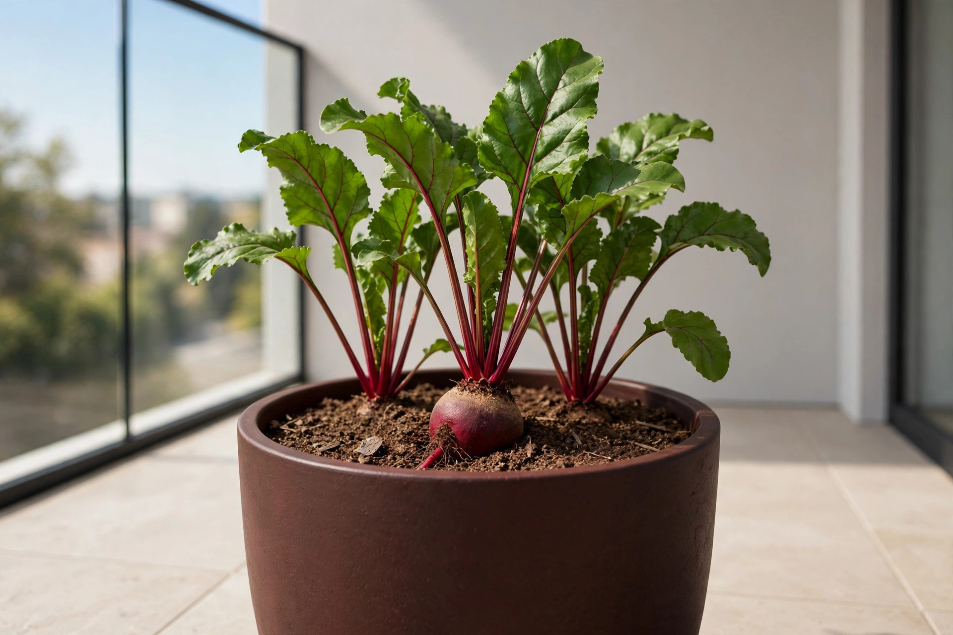 Beet plants with green leaves and red stems and one red beet root showing in a deep brown pot on a balcony