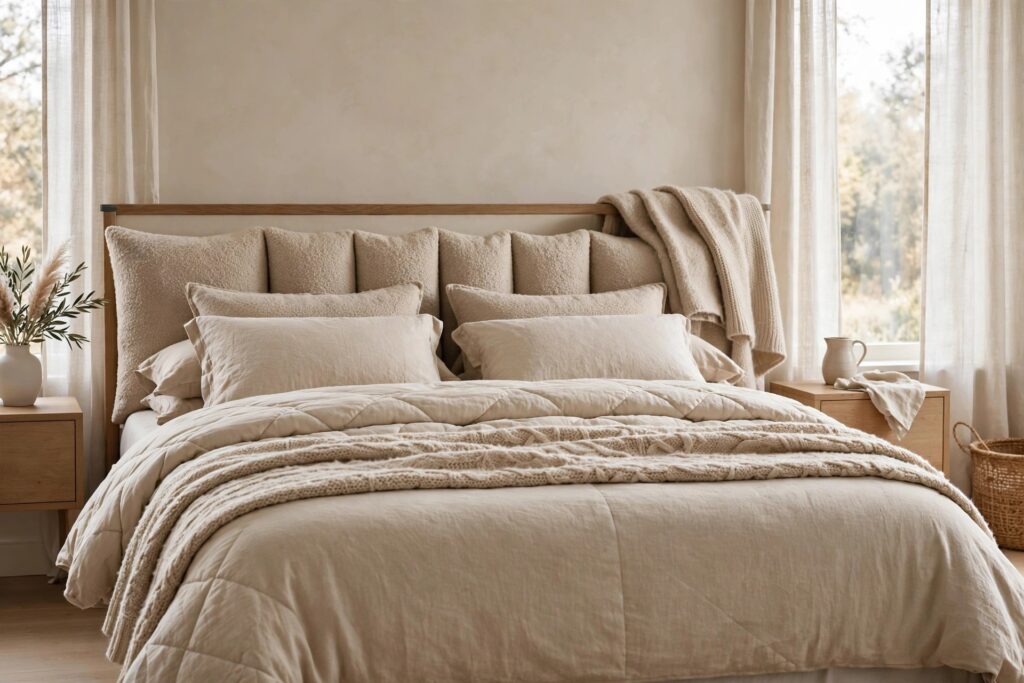 Bed with large beige boucle cushions lined along the headboard and a knit blanket draped over the top rail