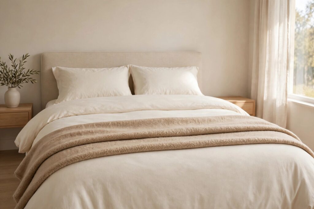 Cream bed with a camel beige wool blanket folded across the lower part of the duvet