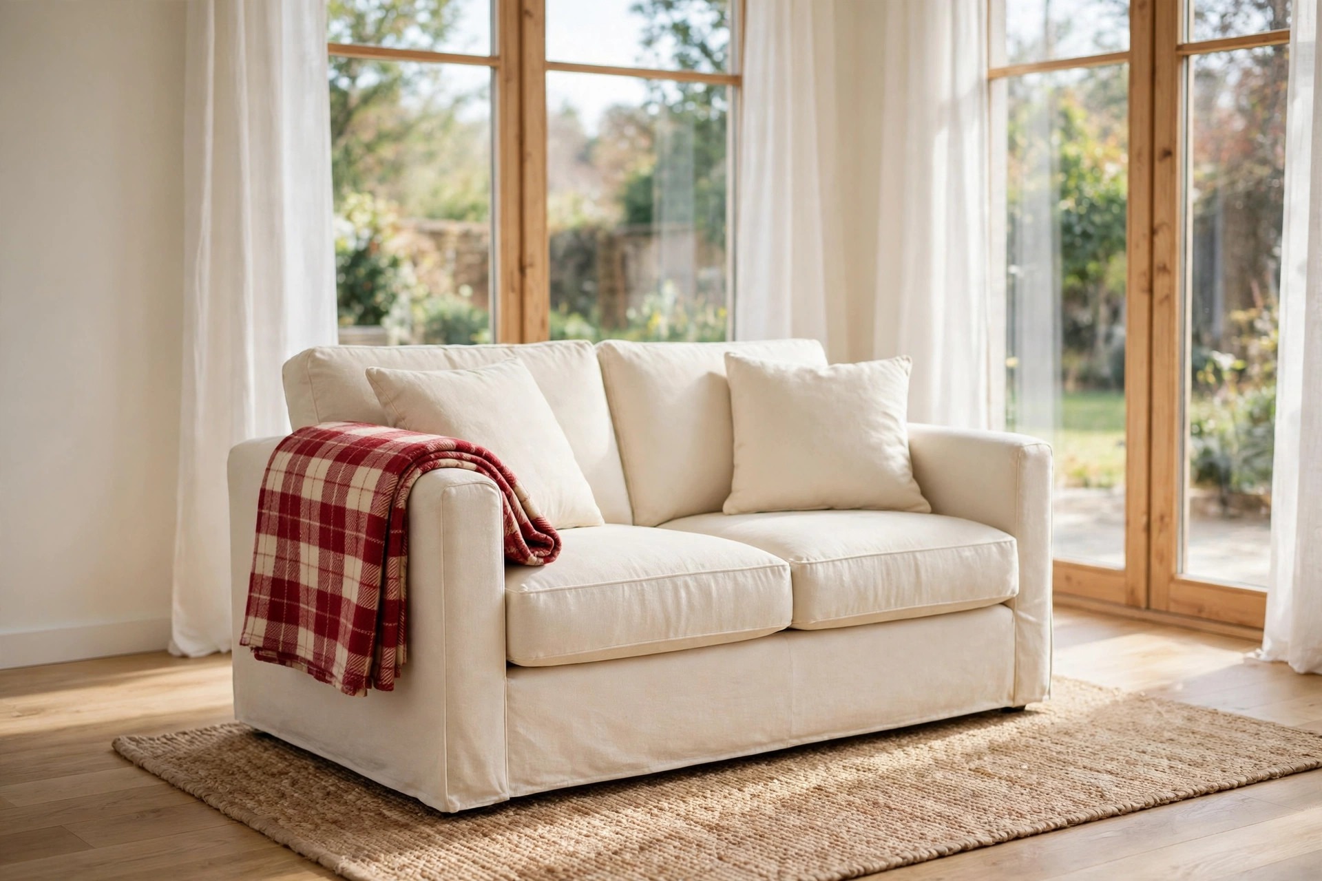 Cream sofa with a red and cream plaid throw folded over one arm in a bright small living room