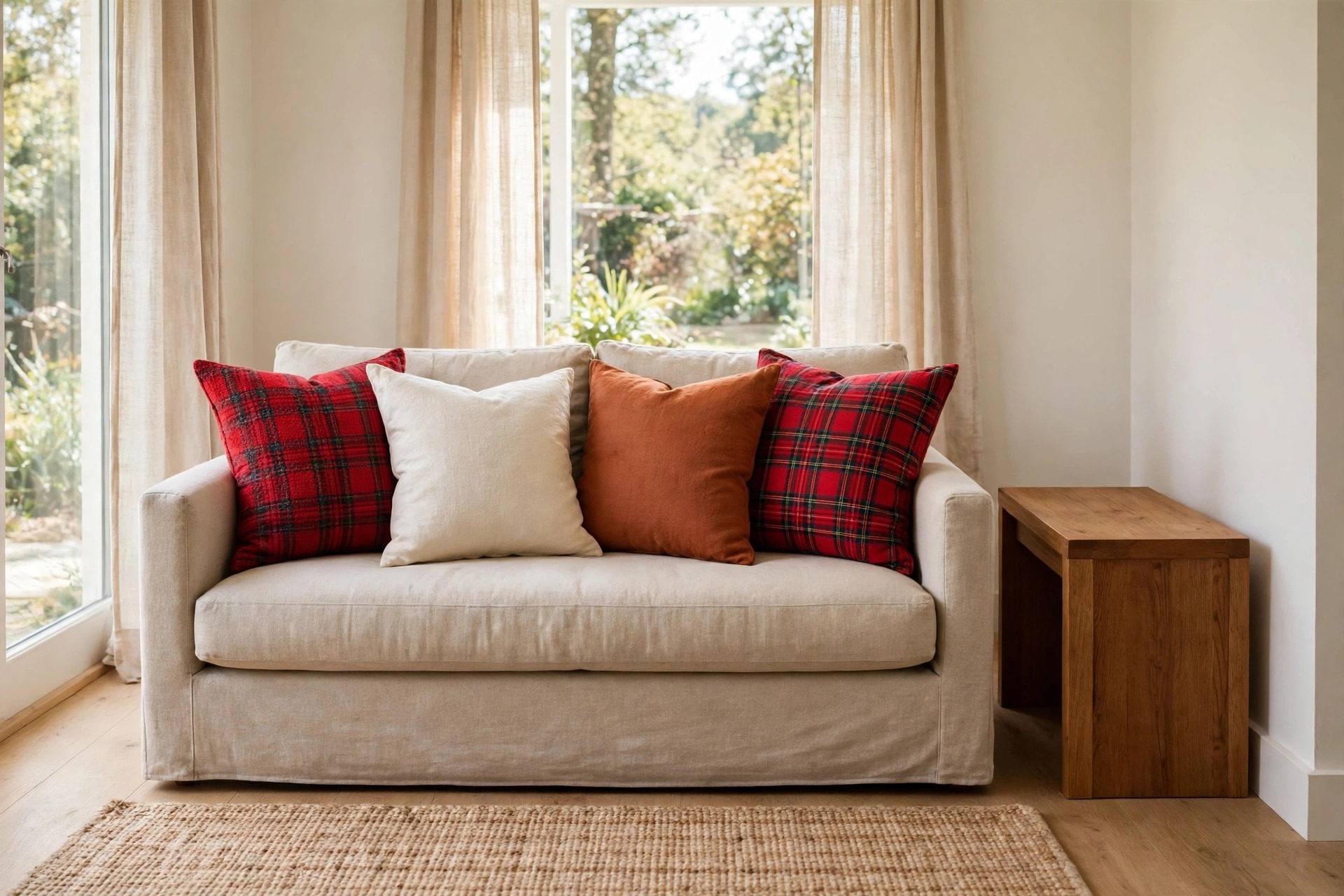 Beige sofa with two red plaid pillows at the ends and solid cream and rust pillows in the middle