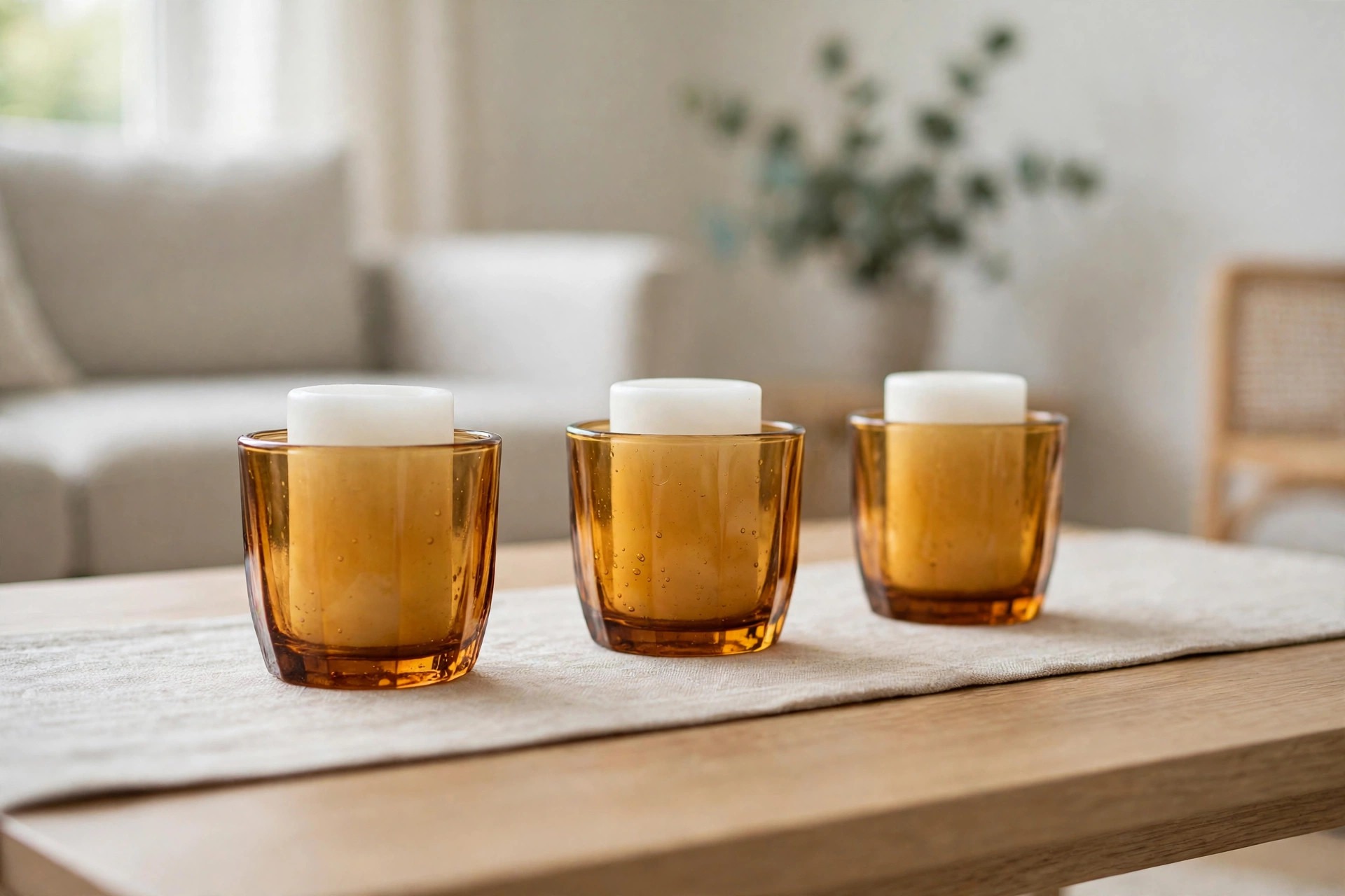 Three amber glass candle holders with white candles on a wood table in a small living room