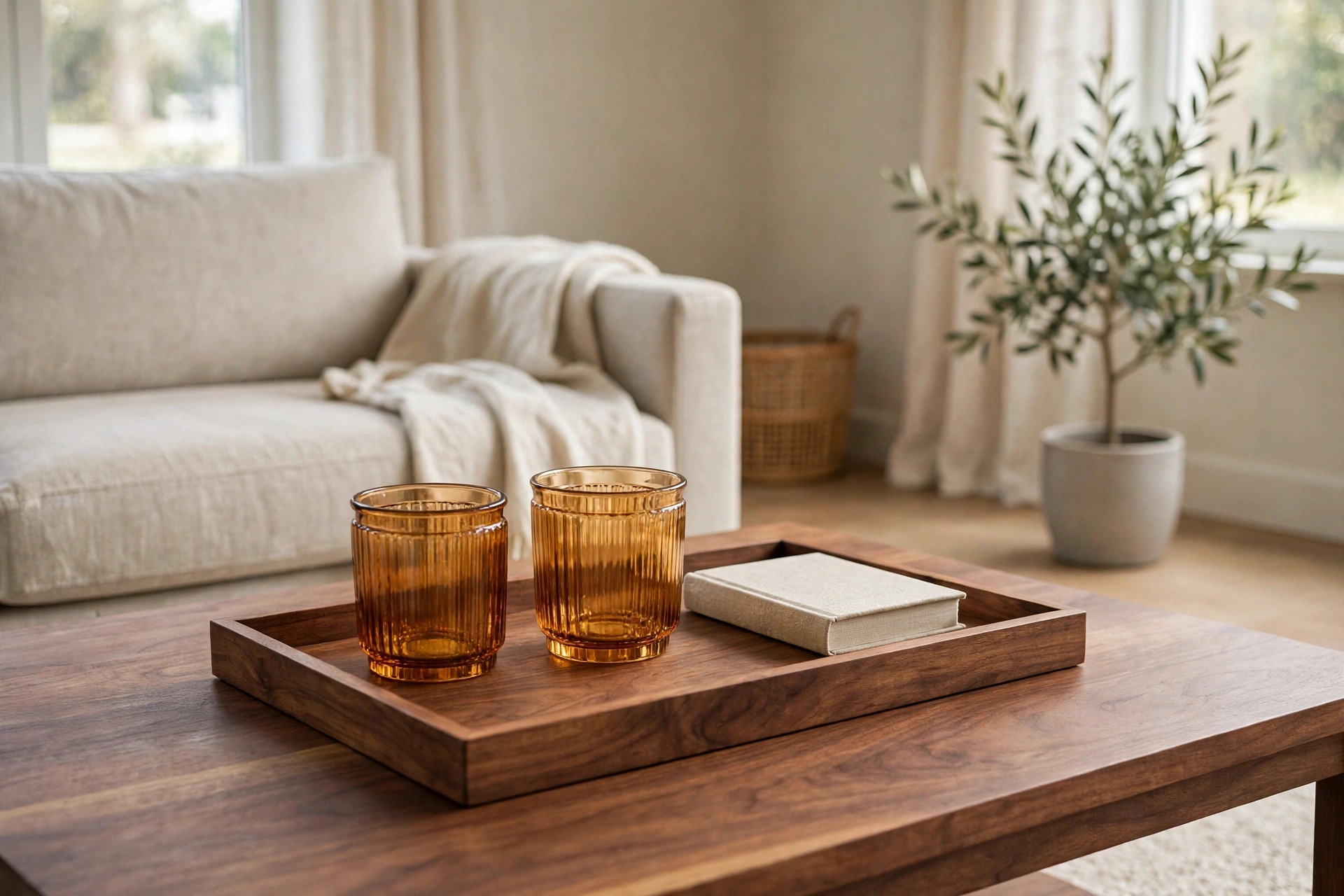 Walnut wood tray on a coffee table holding two amber glass holders and a small book