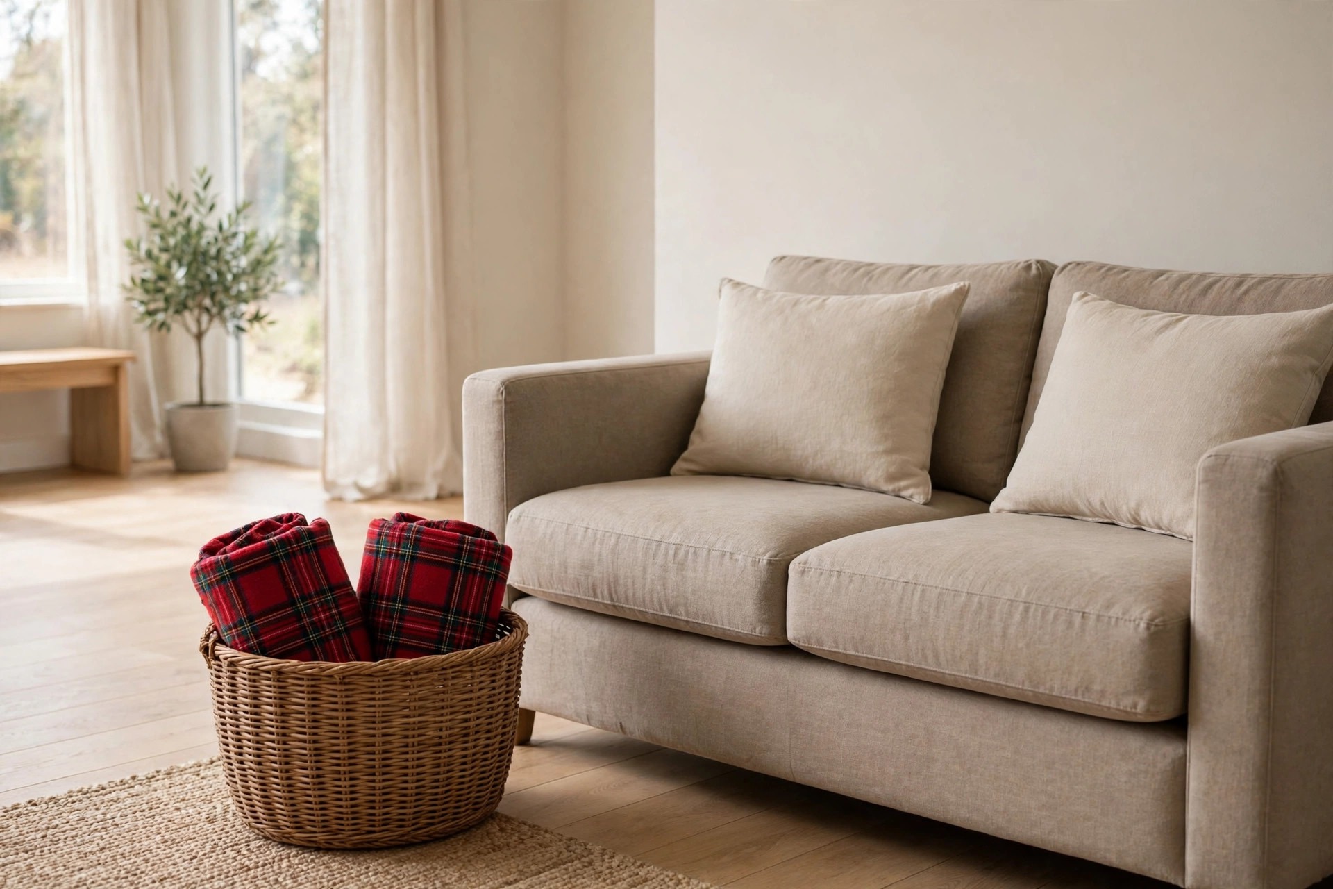 Woven basket beside a beige sofa holding two rolled red plaid throws