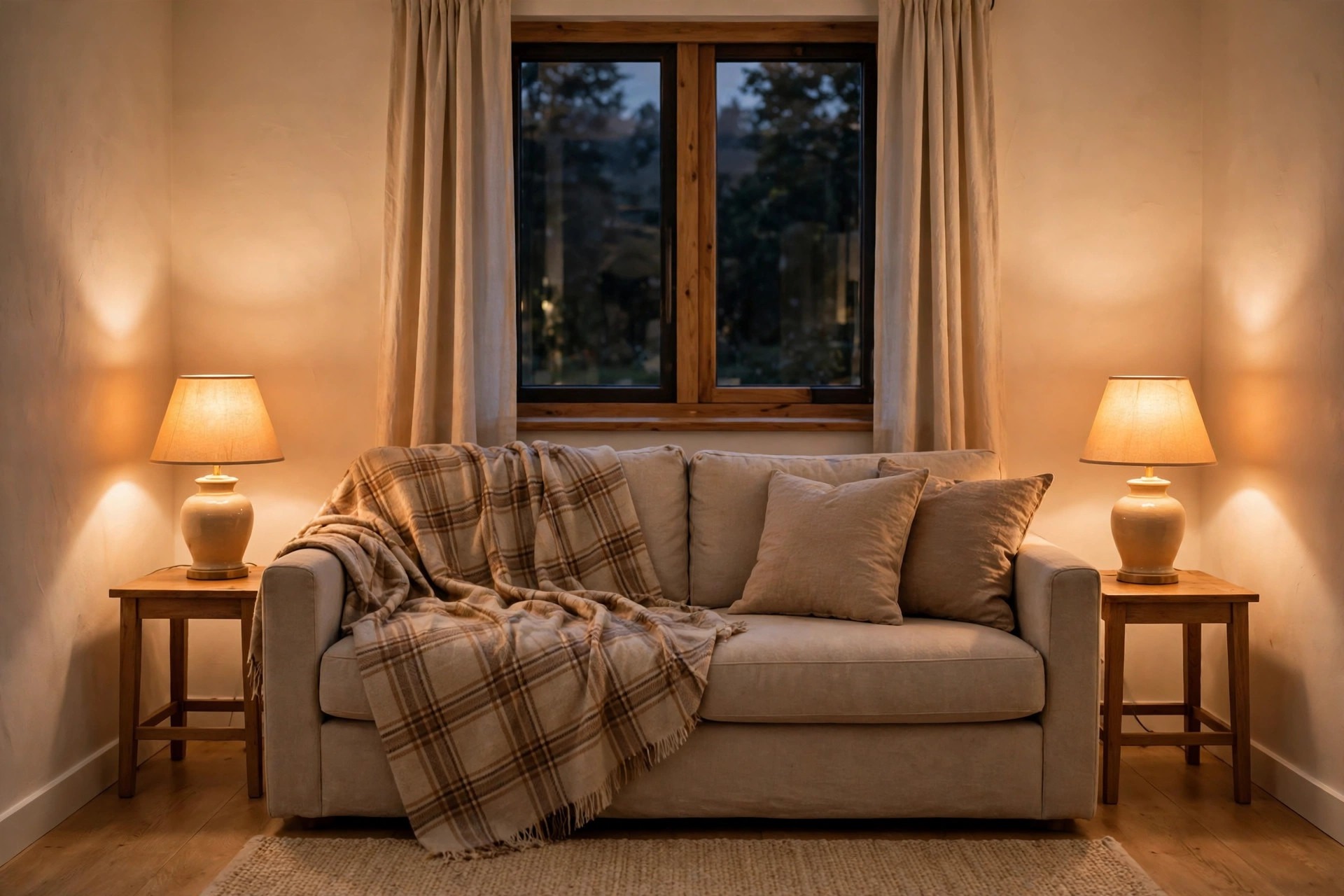Small living room in the evening with two table lamps glowing warm light beside a sofa with a plaid throw