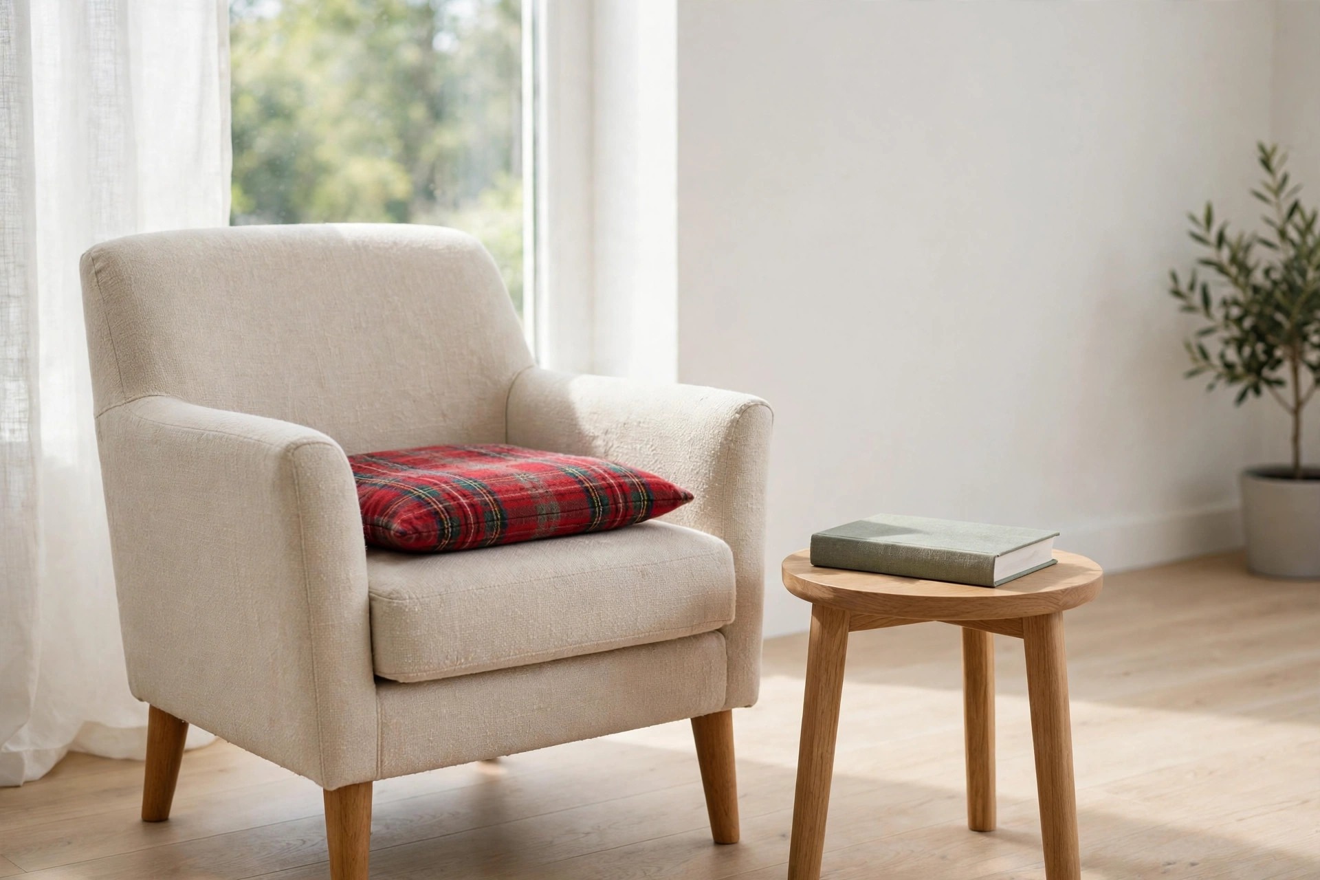 Beige reading chair with a flat red plaid cushion on the seat beside a small wood side table with a book