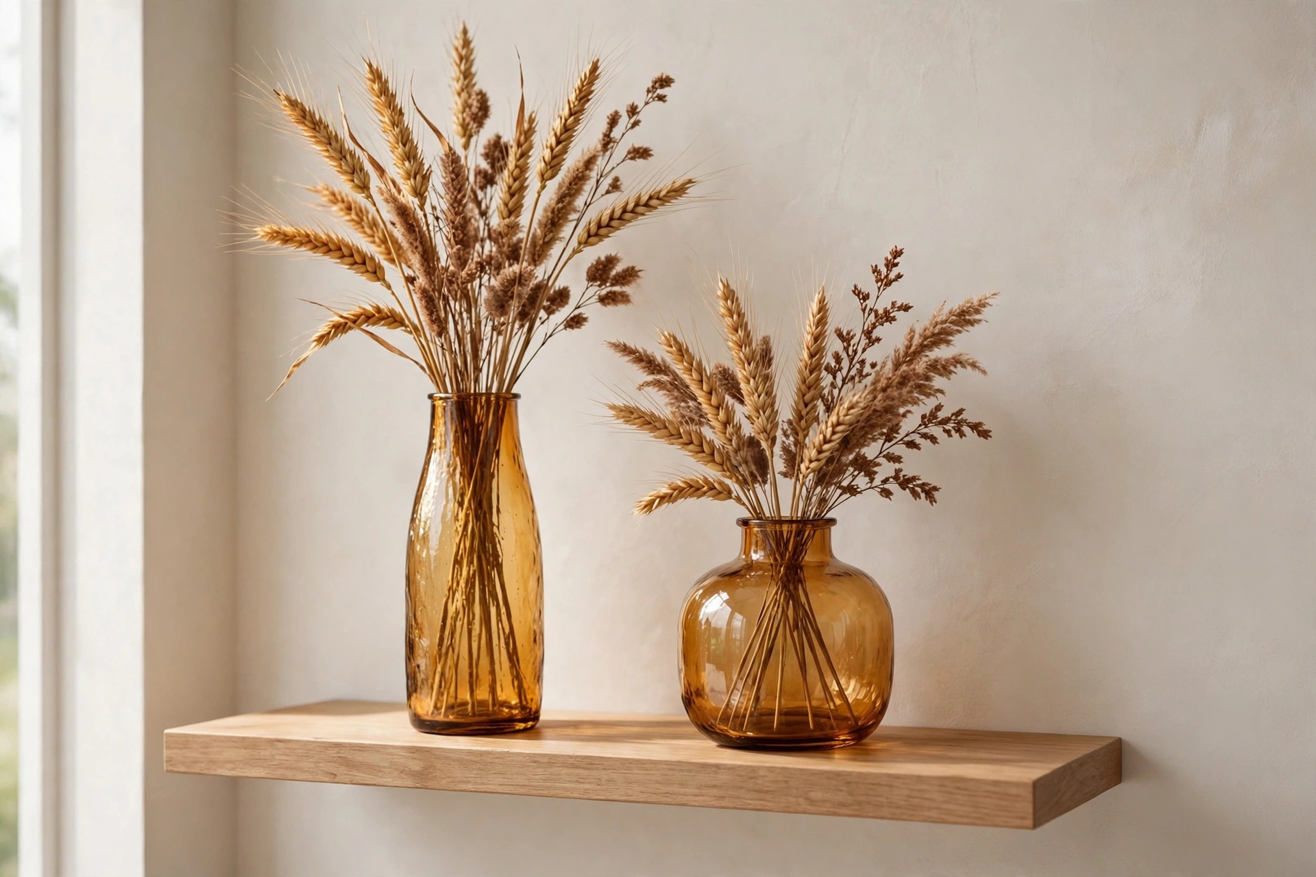 Tall and short amber glass vases with dried wheat and brown stems on a wood shelf