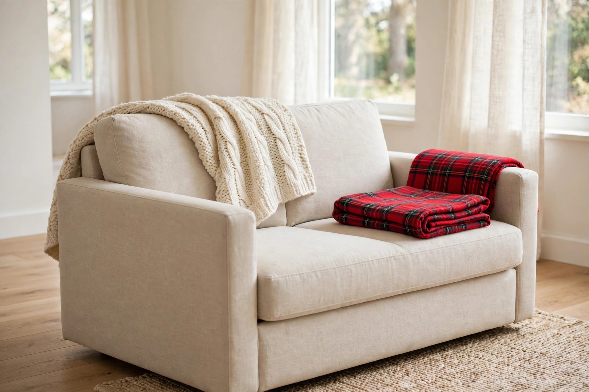Beige sofa with a cream chunky knit throw over the back and a folded red plaid throw on one seat