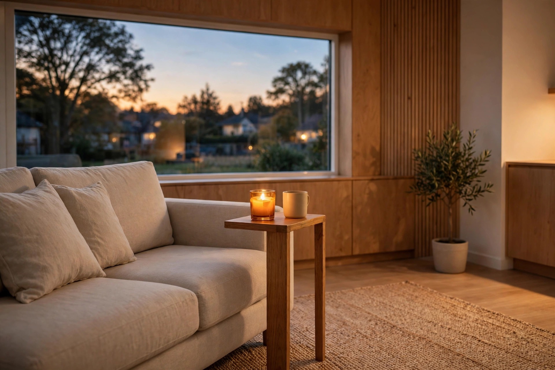 Small wood side table beside a sofa holding a lit amber candle and a mug at dusk