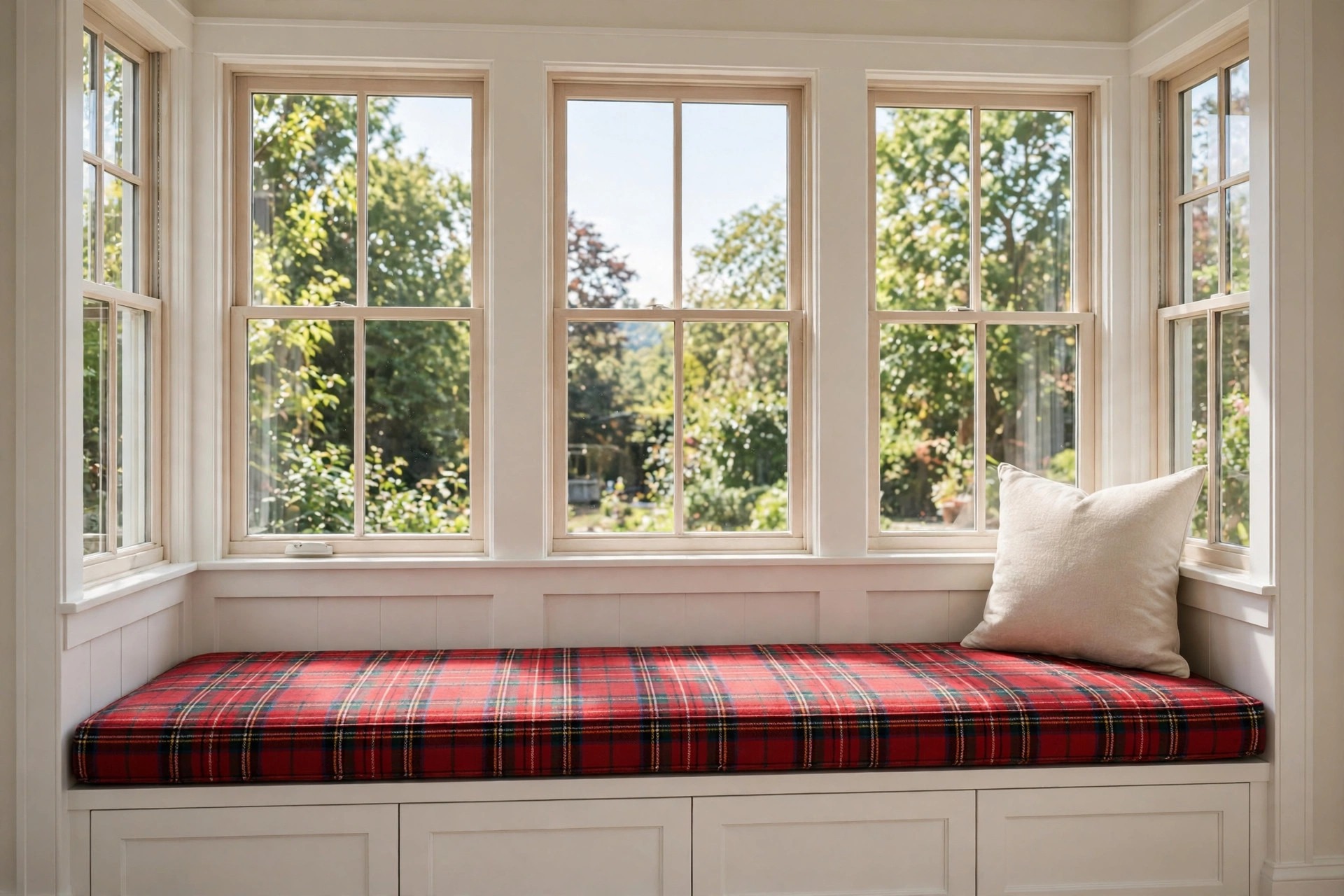 Window seat with a long red plaid cushion and one solid cream pillow by bright windows