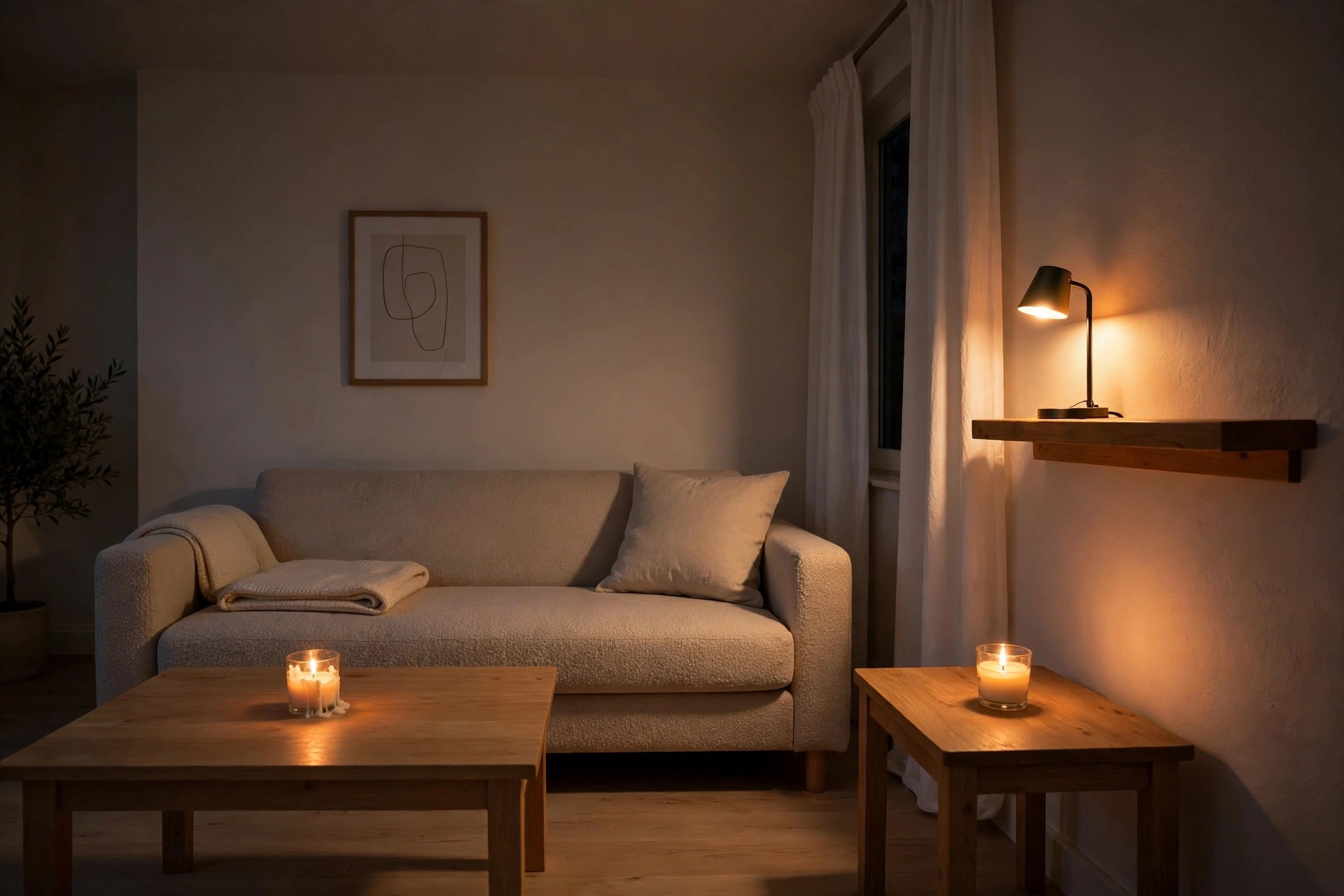 Small living room at night lit by low amber light from candles on two tables and a lamp on a shelf